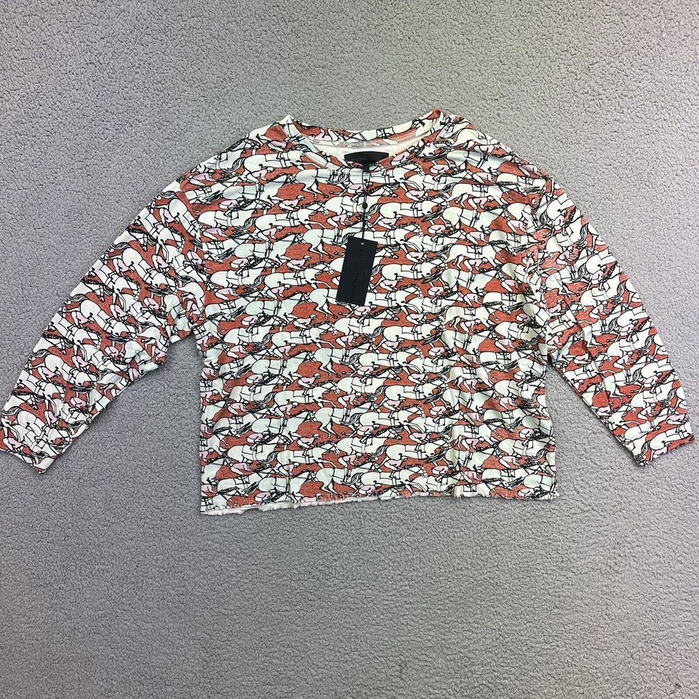 Kendall Kylie Womens‎ Jockey Print Raw Edge Sweatshirt Sz Large NWT
